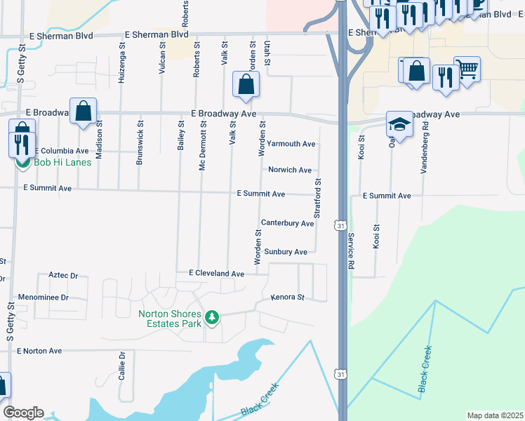 map of restaurants, bars, coffee shops, grocery stores, and more near 1420 Canterbury Avenue in Norton Shores