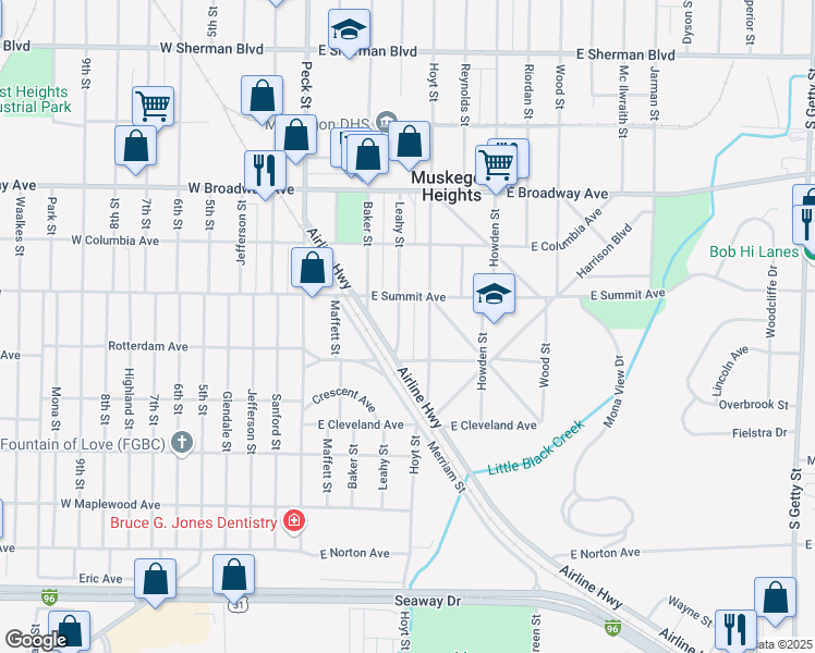map of restaurants, bars, coffee shops, grocery stores, and more near 3024 Leahy Street in Muskegon Heights