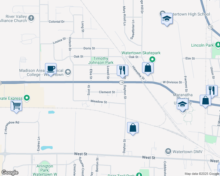 map of restaurants, bars, coffee shops, grocery stores, and more near 1023 West Main Street in Watertown
