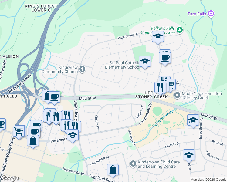 map of restaurants, bars, coffee shops, grocery stores, and more near 337 Old Mud Street in Hamilton