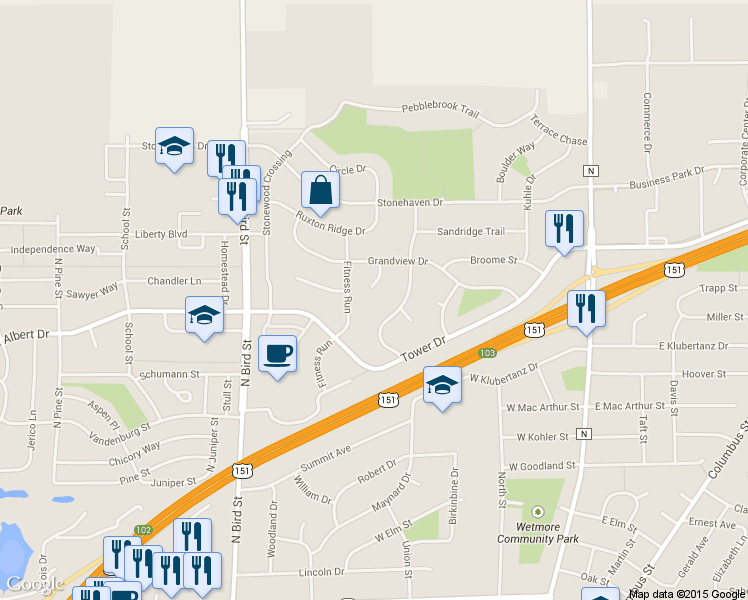 map of restaurants, bars, coffee shops, grocery stores, and more near 1279 Grandview Court in Sun Prairie