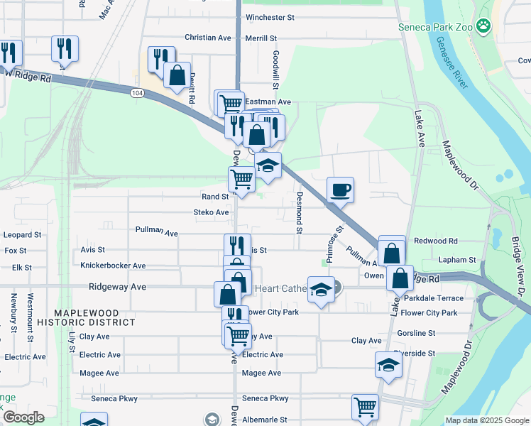 map of restaurants, bars, coffee shops, grocery stores, and more near 127 Palm Street in Rochester