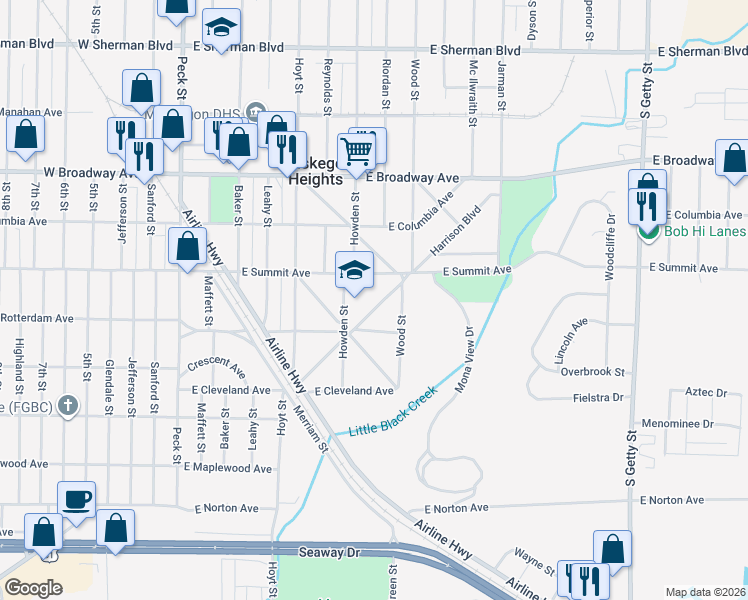 map of restaurants, bars, coffee shops, grocery stores, and more near 136 Harrison Boulevard in Muskegon Heights