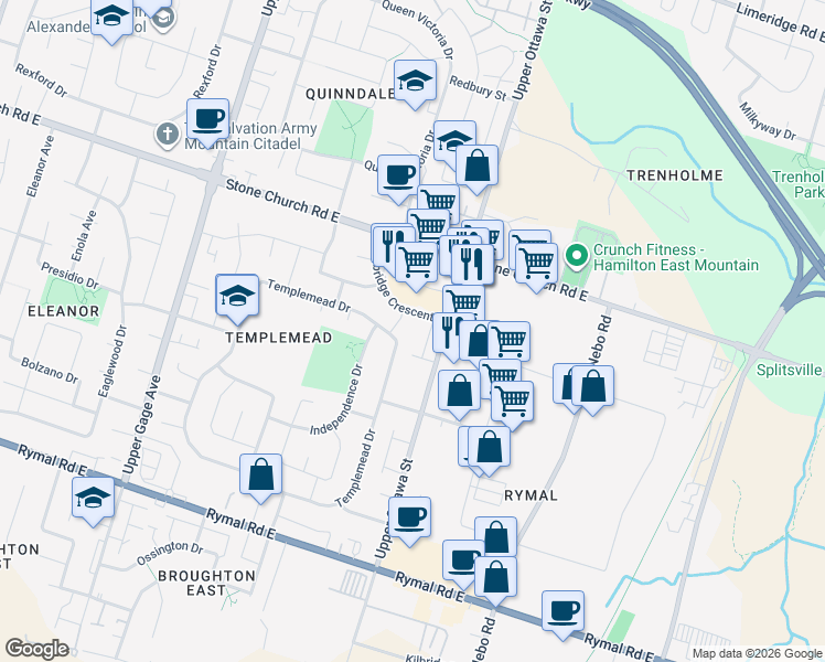 map of restaurants, bars, coffee shops, grocery stores, and more near 88 Tunbridge Crescent in Hamilton