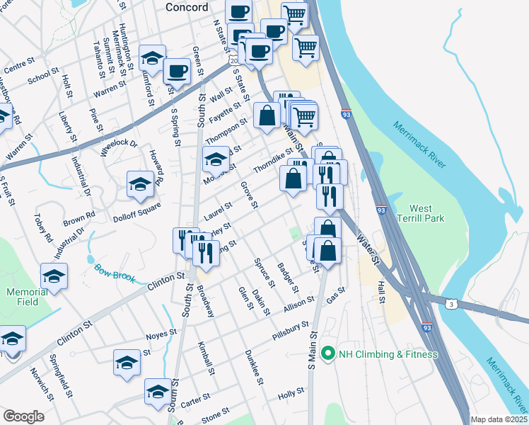map of restaurants, bars, coffee shops, grocery stores, and more near 27 Grove Street in Concord