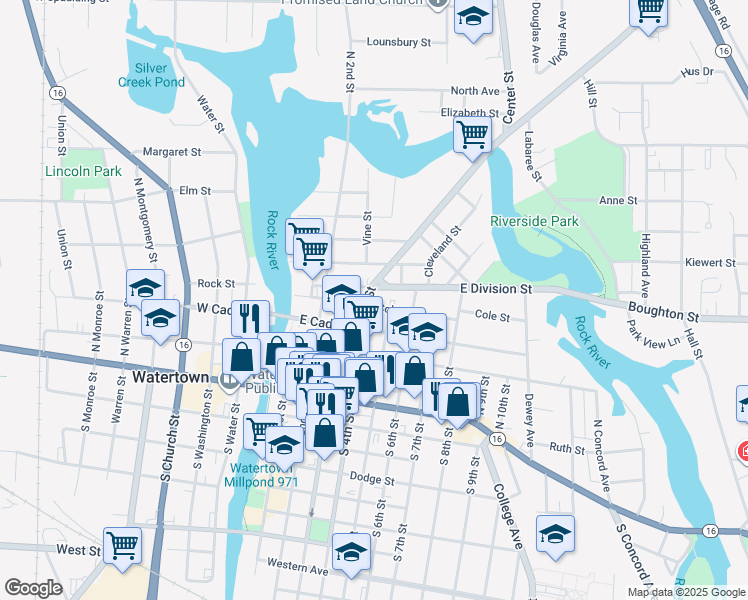 map of restaurants, bars, coffee shops, grocery stores, and more near 503 North 4th Street in Watertown