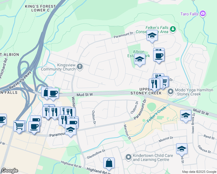 map of restaurants, bars, coffee shops, grocery stores, and more near 340 Old Mud Street in Hamilton