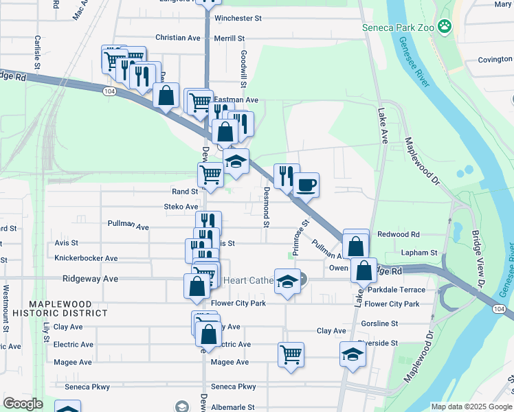 map of restaurants, bars, coffee shops, grocery stores, and more near 69 Palm Street in Rochester