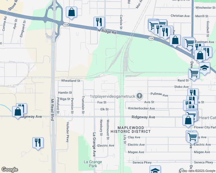map of restaurants, bars, coffee shops, grocery stores, and more near 20 Ramona Park in Rochester