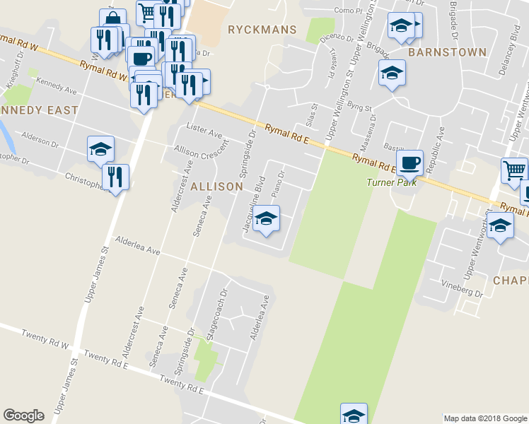 map of restaurants, bars, coffee shops, grocery stores, and more near 50 Meadowpoint Drive in Hamilton