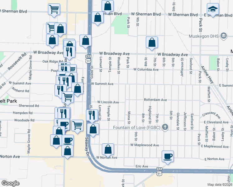 map of restaurants, bars, coffee shops, grocery stores, and more near 3025 Waalkes Street in Muskegon Heights