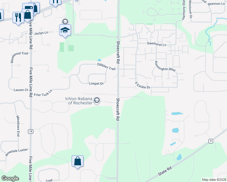 map of restaurants, bars, coffee shops, grocery stores, and more near 1151 Shoecraft Road in Webster