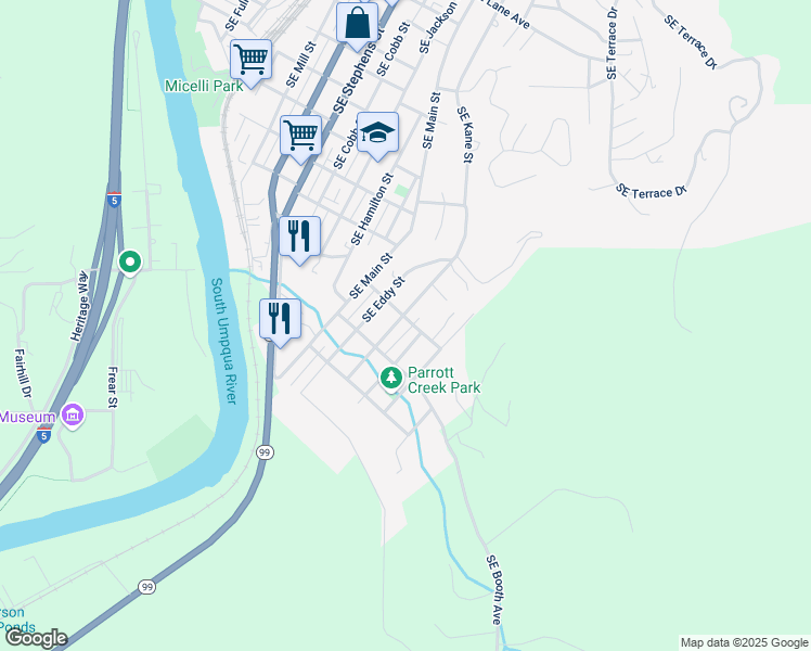 map of restaurants, bars, coffee shops, grocery stores, and more near 1737 Southeast Kane Street in Roseburg