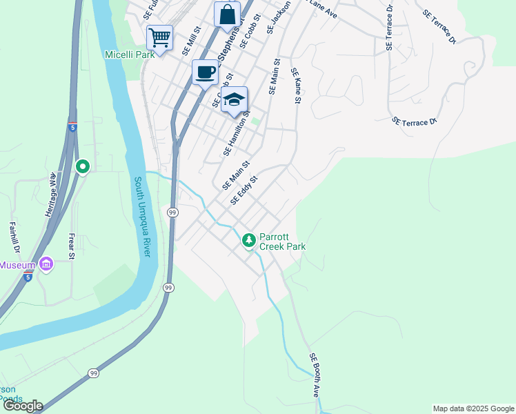 map of restaurants, bars, coffee shops, grocery stores, and more near 1737 Southeast Kane Street in Roseburg