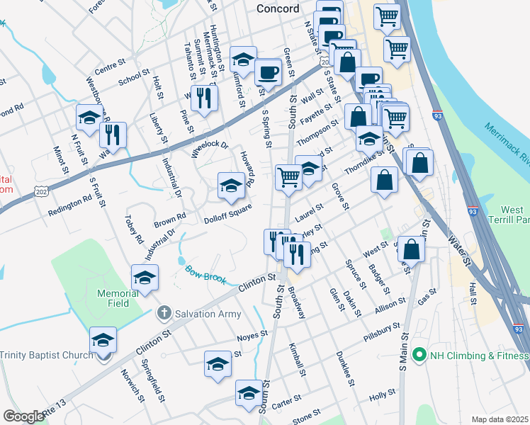 map of restaurants, bars, coffee shops, grocery stores, and more near 38 South Spring Street in Concord