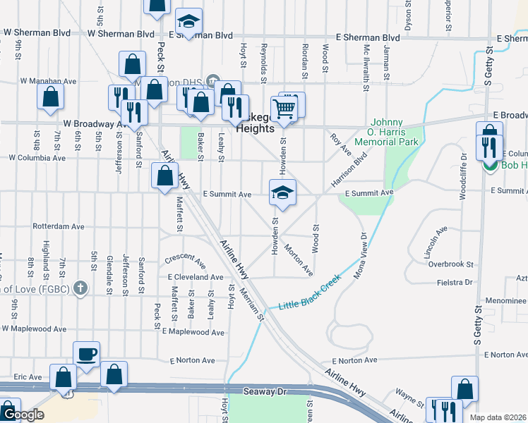 map of restaurants, bars, coffee shops, grocery stores, and more near 3038 Morton Avenue in Muskegon Heights