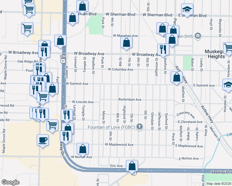 map of restaurants, bars, coffee shops, grocery stores, and more near 3028 9th Street in Muskegon Heights