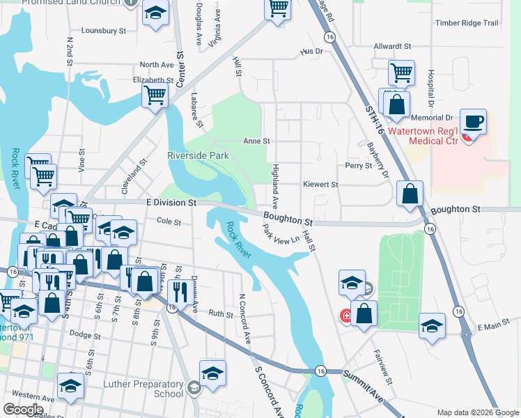 map of restaurants, bars, coffee shops, grocery stores, and more near 1 Park View Lane in Watertown