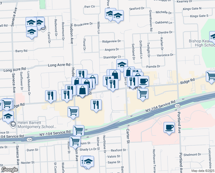 map of restaurants, bars, coffee shops, grocery stores, and more near 850 East Ridge Road in Rochester