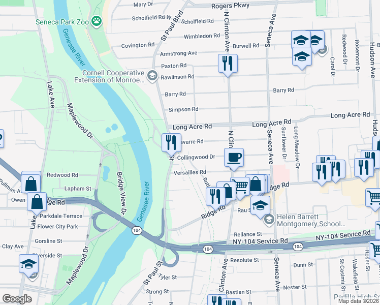 map of restaurants, bars, coffee shops, grocery stores, and more near 50 Collingwood Drive in Rochester