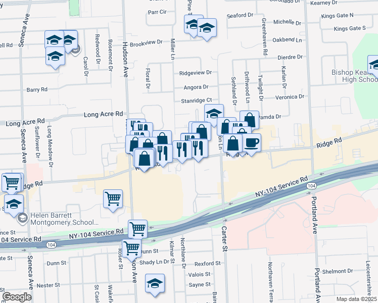map of restaurants, bars, coffee shops, grocery stores, and more near 850 East Ridge Road in Rochester