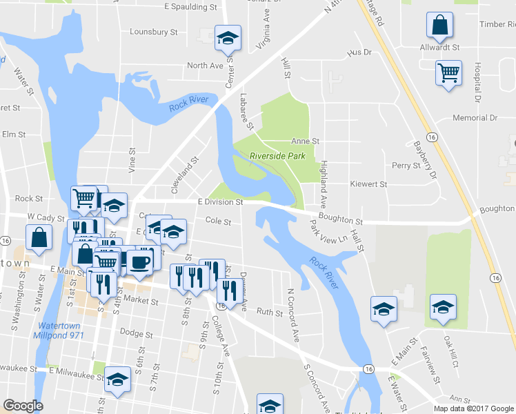 map of restaurants, bars, coffee shops, grocery stores, and more near 907 East Division Street in Watertown