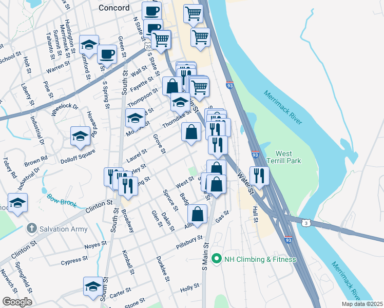 map of restaurants, bars, coffee shops, grocery stores, and more near 86 South State Street in Concord