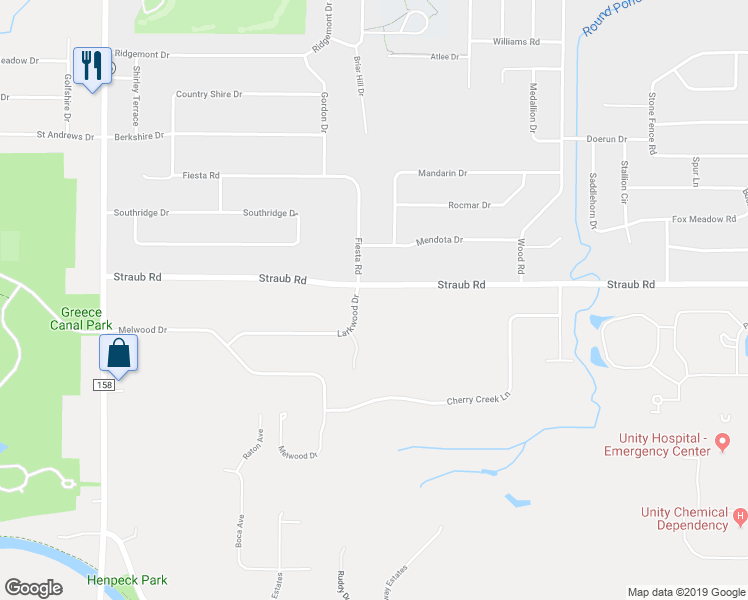 map of restaurants, bars, coffee shops, grocery stores, and more near 28 Larkwood Drive in Rochester