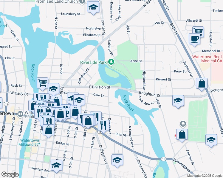 map of restaurants, bars, coffee shops, grocery stores, and more near 907 East Division Street in Watertown