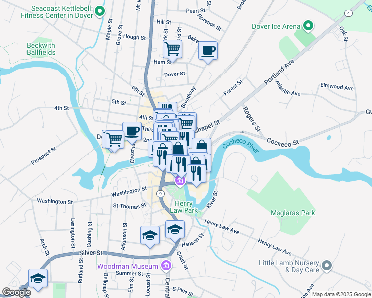 map of restaurants, bars, coffee shops, grocery stores, and more near 5 School Street in Dover