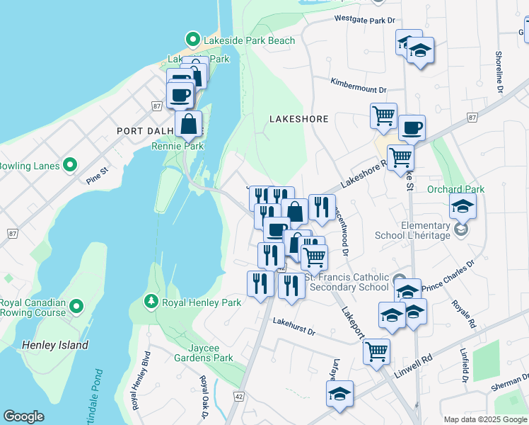map of restaurants, bars, coffee shops, grocery stores, and more near 9 John Street in St. Catharines