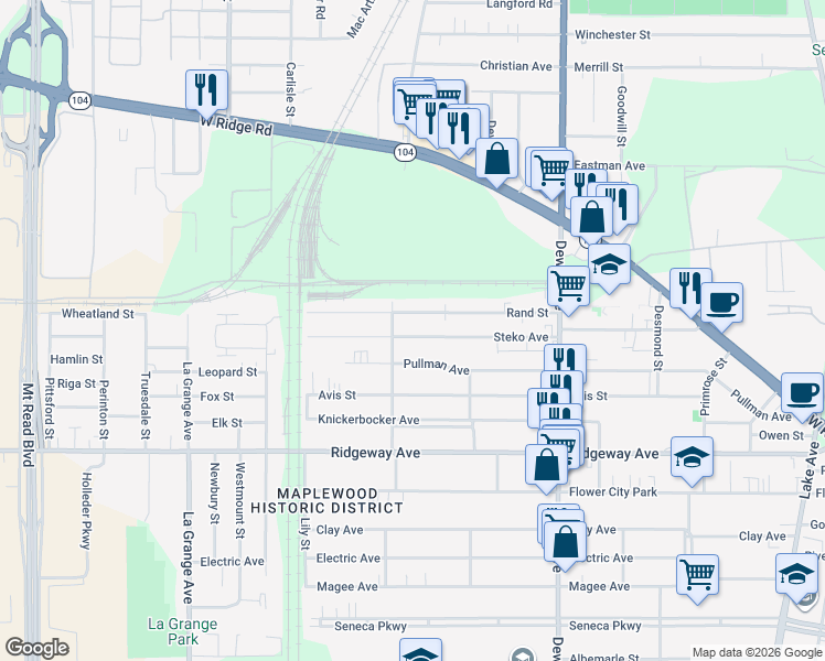 map of restaurants, bars, coffee shops, grocery stores, and more near 198 Steko Avenue in Rochester