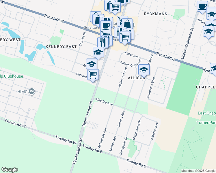 map of restaurants, bars, coffee shops, grocery stores, and more near 1763 Upper James Street in Hamilton