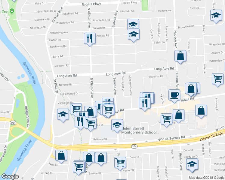 map of restaurants, bars, coffee shops, grocery stores, and more near 280 Collingwood Drive in Rochester