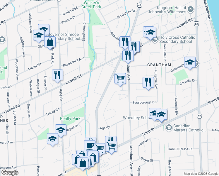 map of restaurants, bars, coffee shops, grocery stores, and more near 540 Niagara Street in St. Catharines