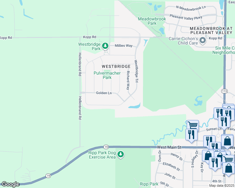 map of restaurants, bars, coffee shops, grocery stores, and more near Golden Lane in Waunakee