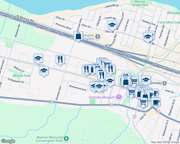 map of restaurants, bars, coffee shops, grocery stores, and more near 3 Slessor Boulevard in Grimsby