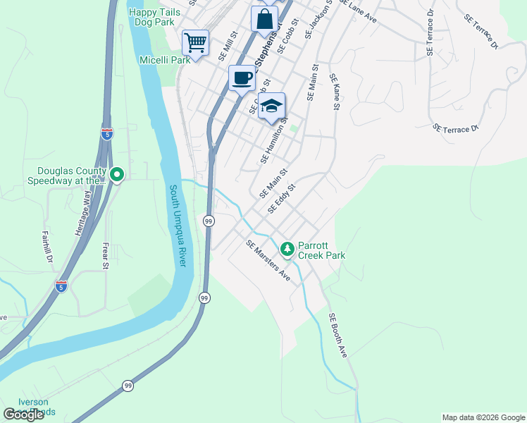 map of restaurants, bars, coffee shops, grocery stores, and more near 1773 Southeast Eddy Street in Roseburg