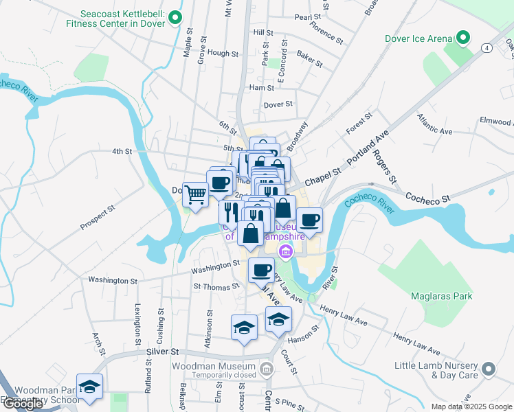 map of restaurants, bars, coffee shops, grocery stores, and more near 422 Central Avenue in Dover