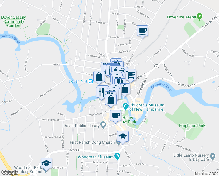 map of restaurants, bars, coffee shops, grocery stores, and more near 422 Central Avenue in Dover