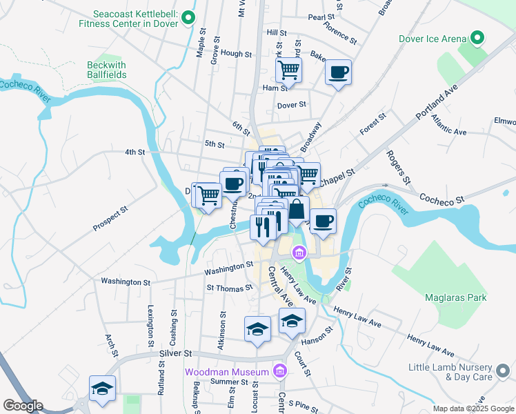 map of restaurants, bars, coffee shops, grocery stores, and more near 422 Central Avenue in Dover
