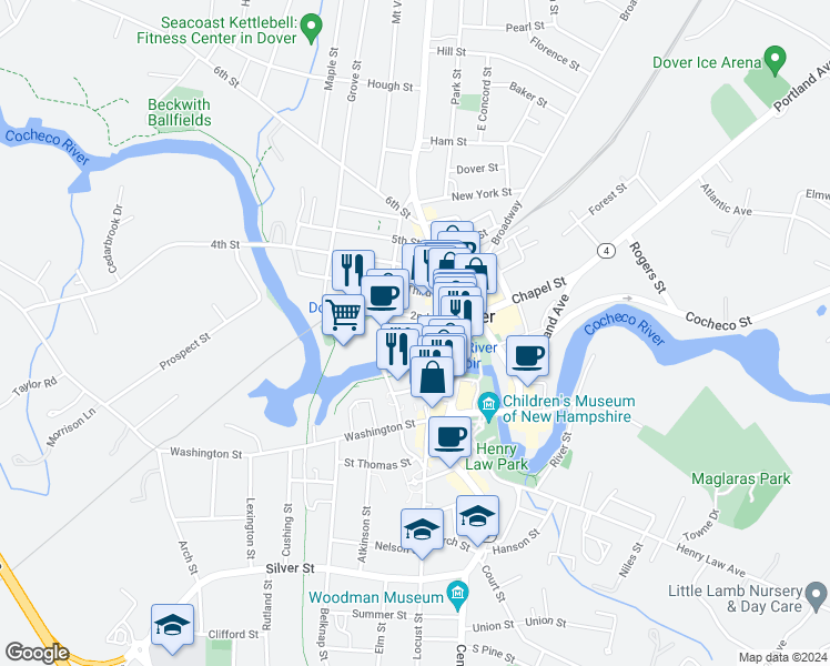 map of restaurants, bars, coffee shops, grocery stores, and more near 200 First Street in Dover