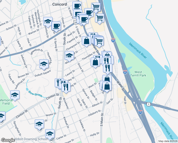 map of restaurants, bars, coffee shops, grocery stores, and more near 27 Grove Street in Concord