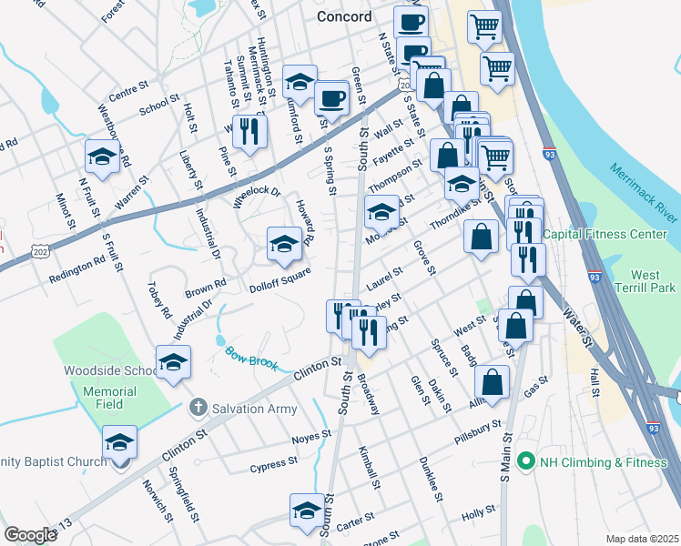 map of restaurants, bars, coffee shops, grocery stores, and more near 60 South Street in Concord