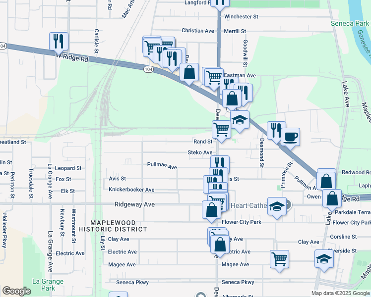 map of restaurants, bars, coffee shops, grocery stores, and more near 107 Steko Avenue in Rochester