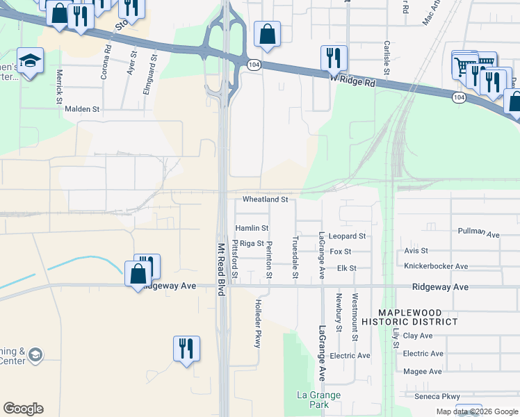 map of restaurants, bars, coffee shops, grocery stores, and more near 130 Perinton Street in Rochester