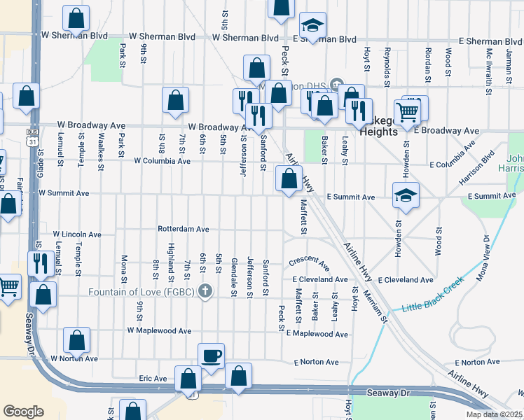 map of restaurants, bars, coffee shops, grocery stores, and more near 3028 Sanford Street in Muskegon Heights