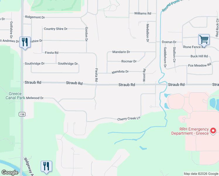 map of restaurants, bars, coffee shops, grocery stores, and more near 193 Straub Road in Rochester