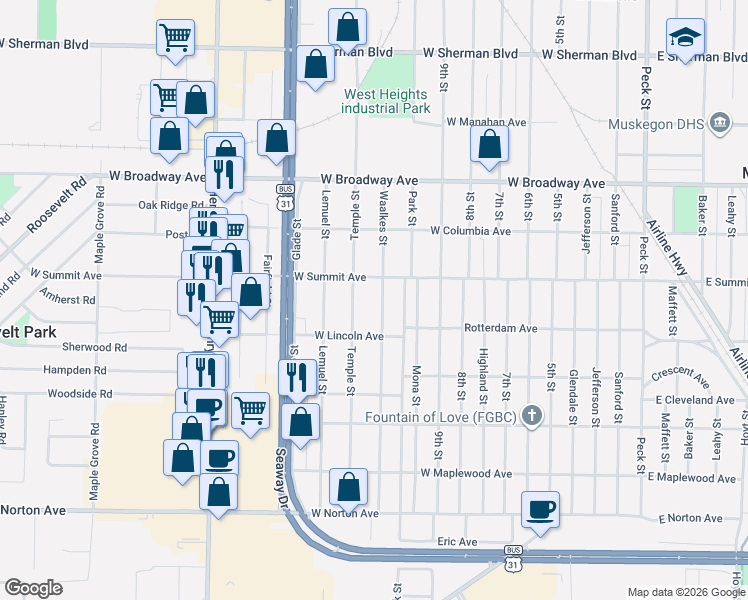 map of restaurants, bars, coffee shops, grocery stores, and more near 3028 Waalkes Street in Muskegon Heights