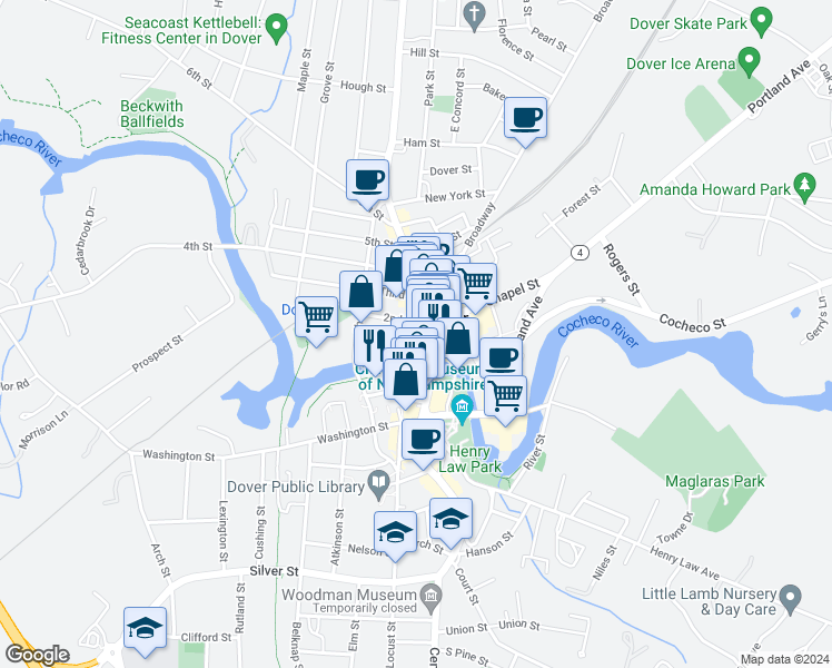 map of restaurants, bars, coffee shops, grocery stores, and more near 422 Central Avenue in Dover
